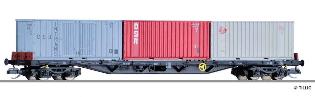 tillig tt 18127 containertragwagen rgs 3910 der dr beladen mit drei verschiedenen 20′ containern epoche iv