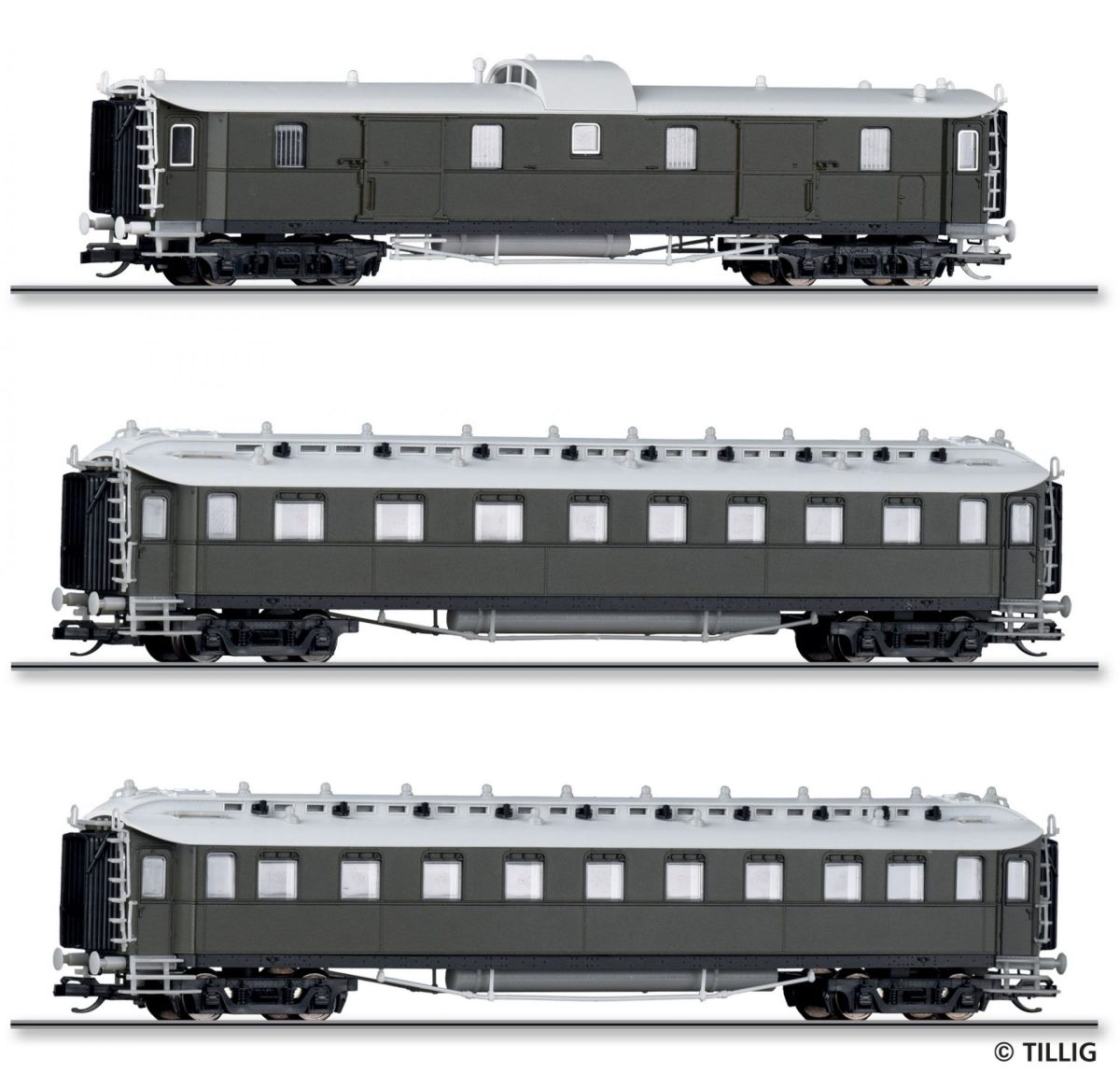 Tillig TT 01070 Reisezugwagenset „Preussischer Schnellzug der K.P.E.V. bestehend aus einem Packwagen einem 2.3. Klasse Personenwagen und einem 3. Klasse Personenwagen Teil 1 Epoche I