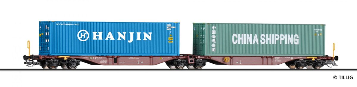 Tillig TT 18072 Containertragwagen Sggmrss der SNCB beladen mit zwei 40‘ Containern Epoche VI