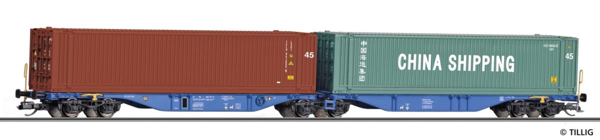 Tillig TT 18073 Containertragwagen Sggmrss der ACTS beladen mit zwei 45‘ Containern Epoche VI