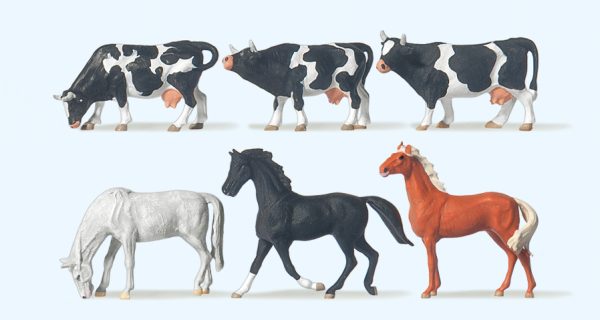 Preiser TT 75019 Pferde und Kühe Set mit 6 Figuren